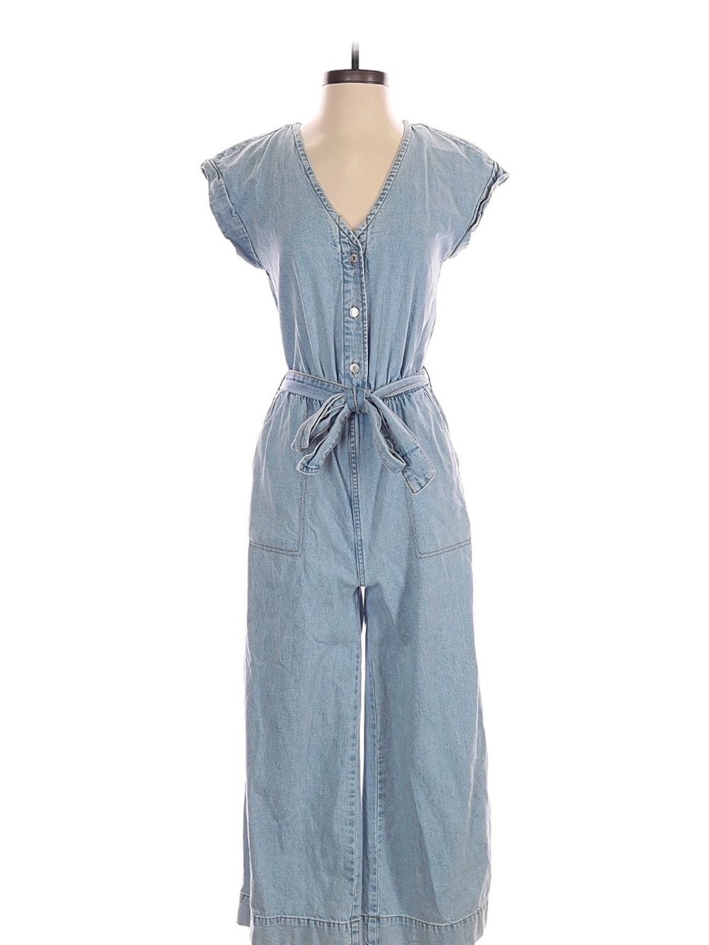H&M Light Wash Denim Tie-Waist Jumpsuit